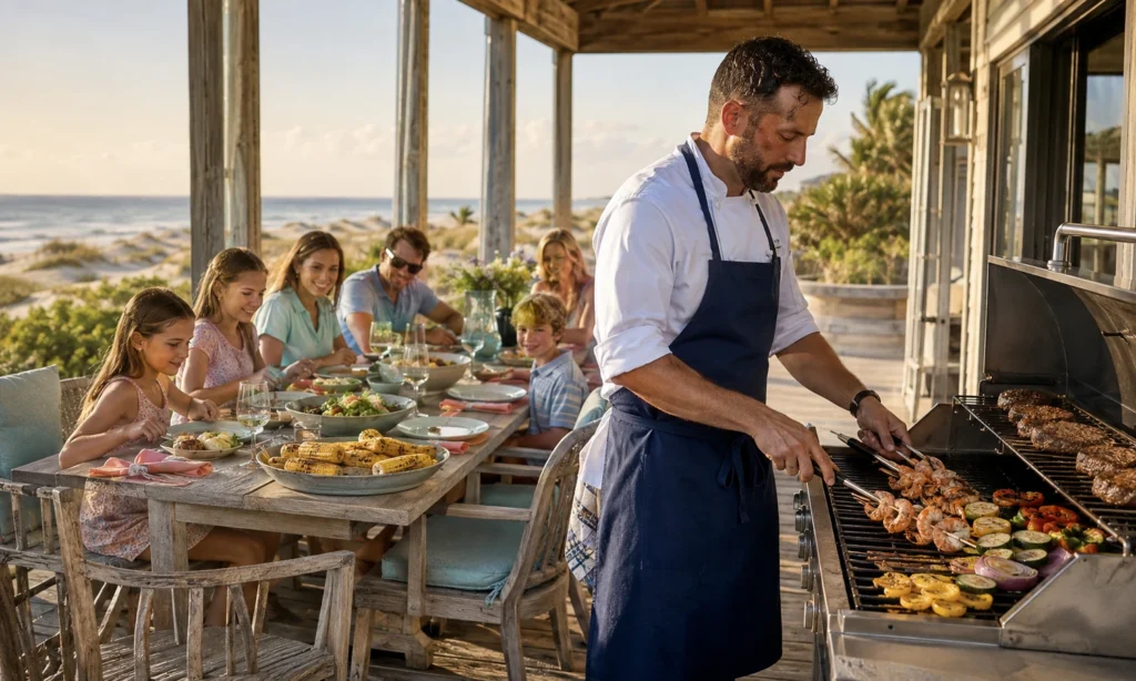 A chef grilling skewers on a beach house deck while a family eats at a long table behind him