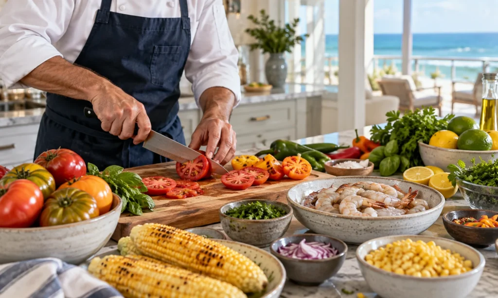A chef slicing heirloom tomatoes beside bowls of shrimp, grilled corn and fresh produce in an oceanview kitchen